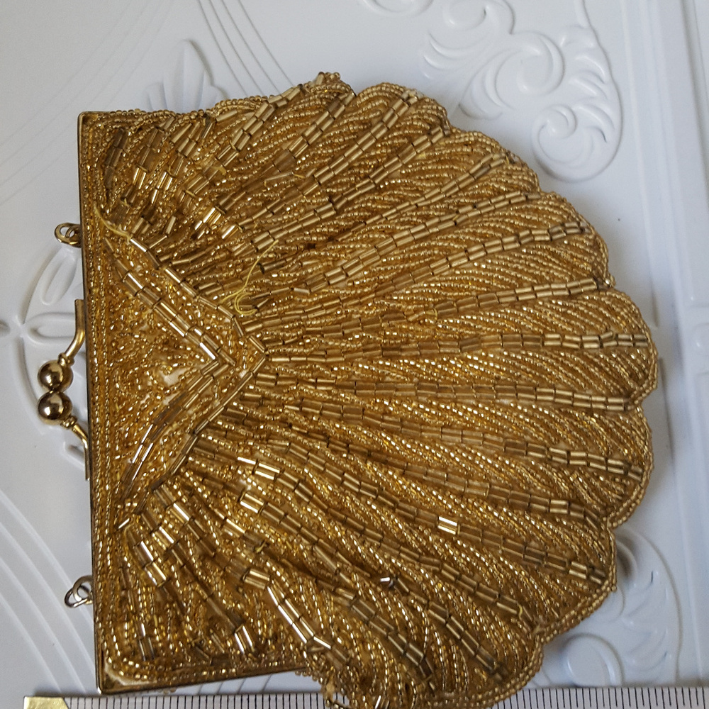 Clutch Bag Antique Gold Beaded Glass Beads Shoulde - Picture 3 of 6